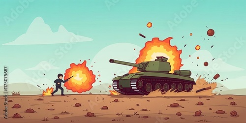 Cartoon stick man in small tank enjoying war as a game concept, killing, business, war photo