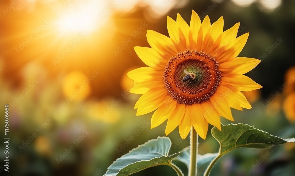 Naklejka premium Bee pollinating sunflower at sunset, field background, nature