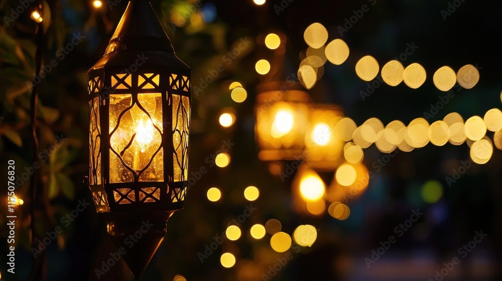 Illuminated Lantern Hanging Among Festive Lights Illuminated Lantern Hanging Among Festive Lights
