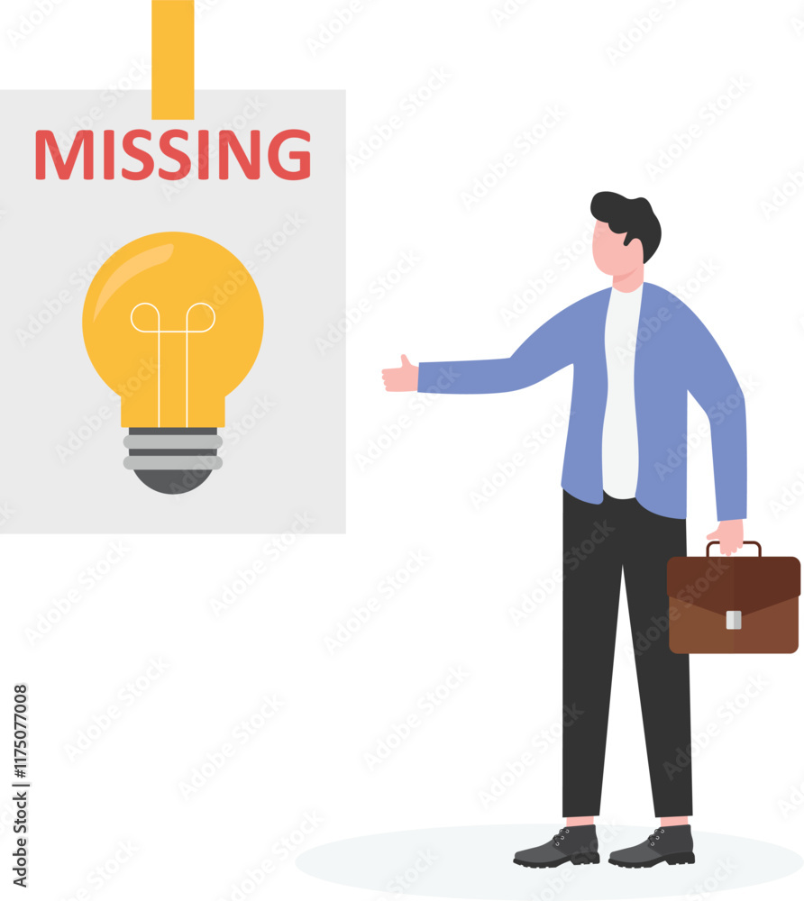 Businessman standing in front of missing idea poster,
Businessman standing in front of missing idea poster,