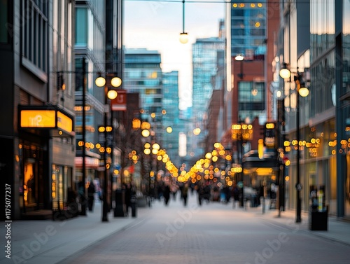 A bustling urban street illuminated by warm lights, featuring shops and pedestrians, creating a vibrant city atmosphere.