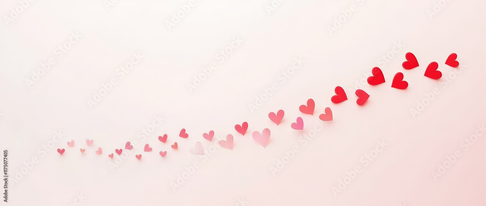 A Curved Trail of Red Hearts on a Plain White Background Gradually Changing in Size and Fading A Curved Trail of Red Hearts on a Plain White Background Gradually Changing in Size and Fading