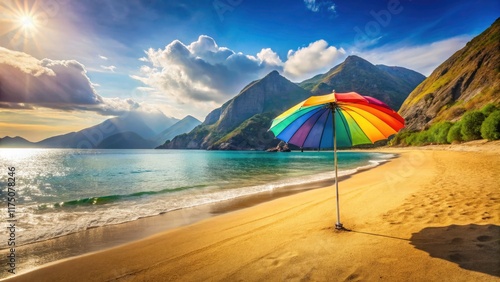 Sandy shores meet towering peaks; a vibrant umbrella shades idyllic beach bliss. photo