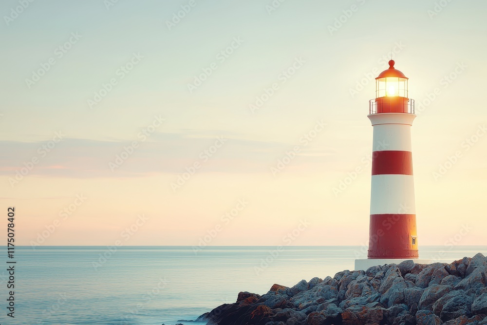 Naklejka premium A serene lighthouse stands on rocky shores, illuminated against a pastel sky, guiding boats safely with its warm, glowing light at dusk.