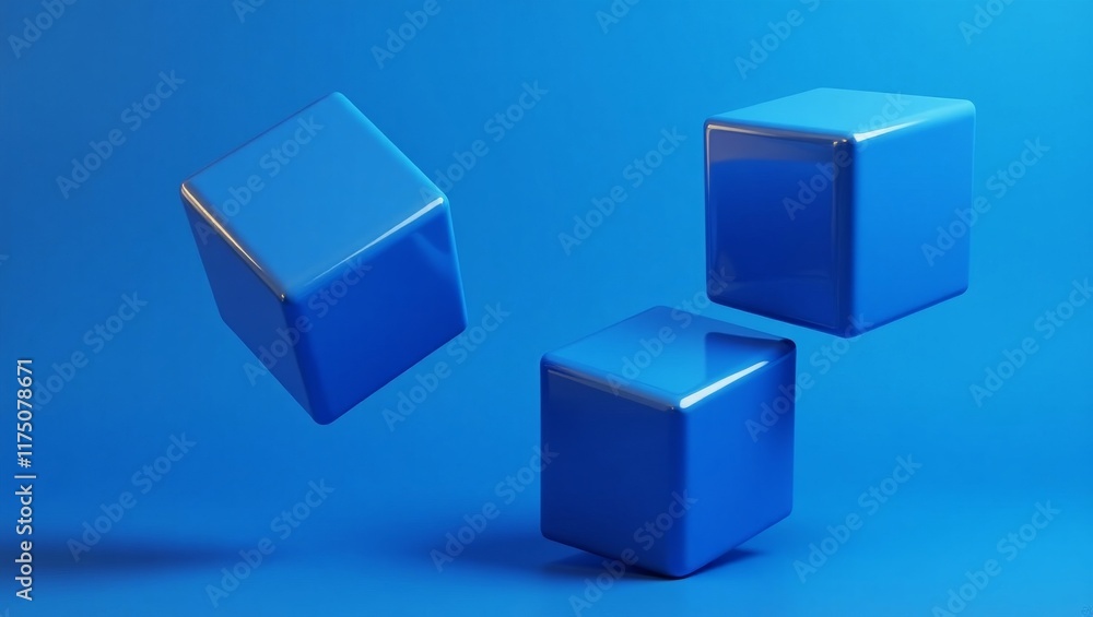 Three blue glossy cubes floating against a solid blue background, ideal for abstract and creative concepts. Three blue glossy cubes floating against a solid blue background, ideal for abstract and creative concepts.