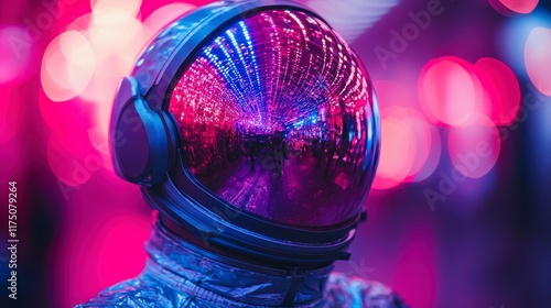 Astronaut helmet reflecting vibrant city lights. photo