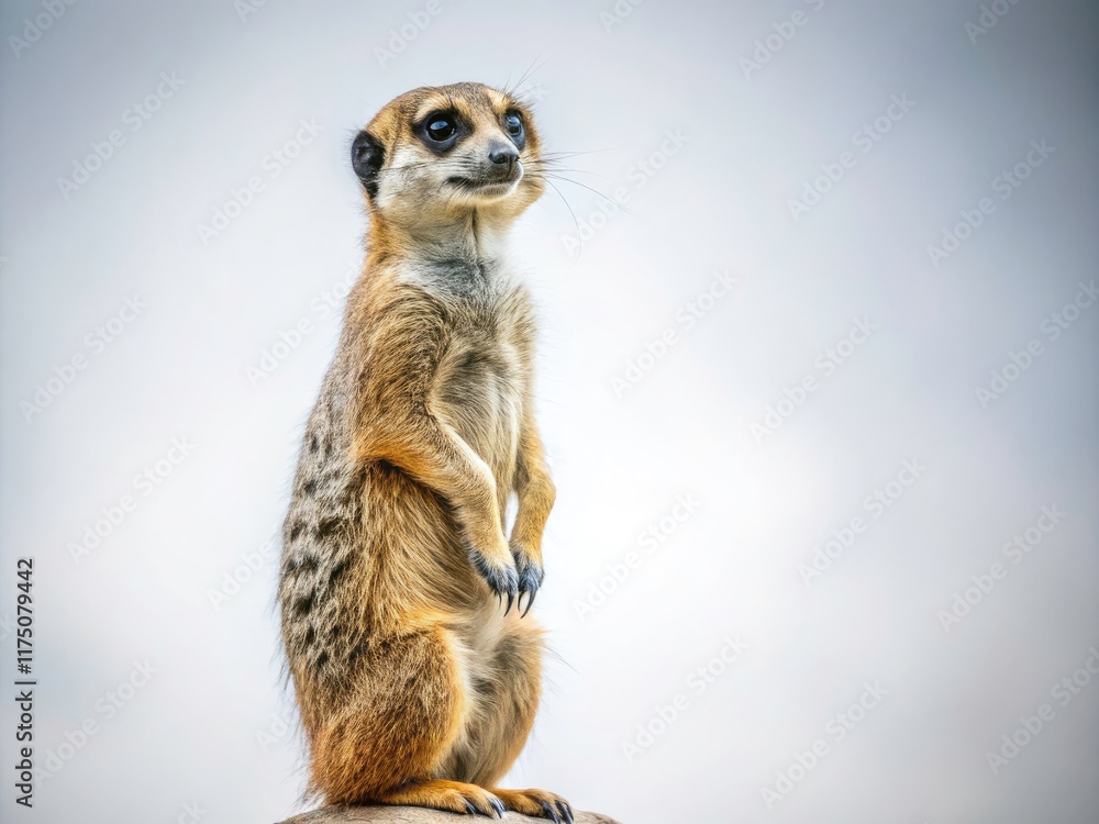Fototapeta premium Sharp focus on a meerkat; minimalist white backdrop enhances its regal posture.