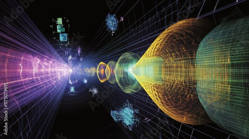 A diagram of electromagnetic waves, with various wavelengths and frequencies displayed in a scientific environment. photo