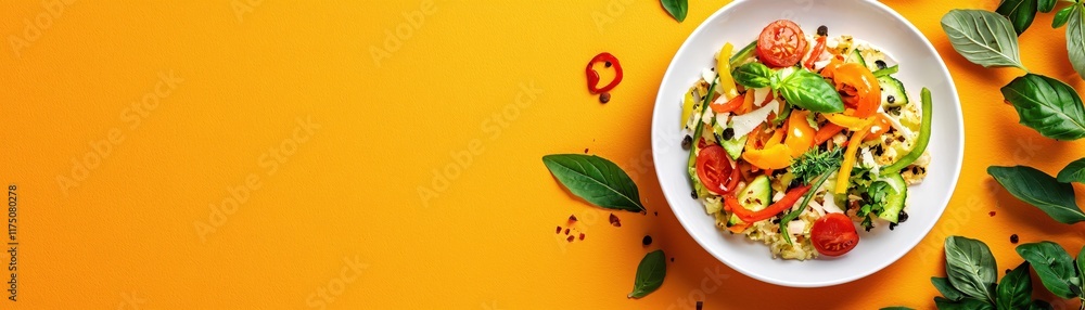 Colorful Fresh Salad with Vibrant Vegetables on a Bright Yellow Background Colorful Fresh Salad with Vibrant Vegetables on a Bright Yellow Background