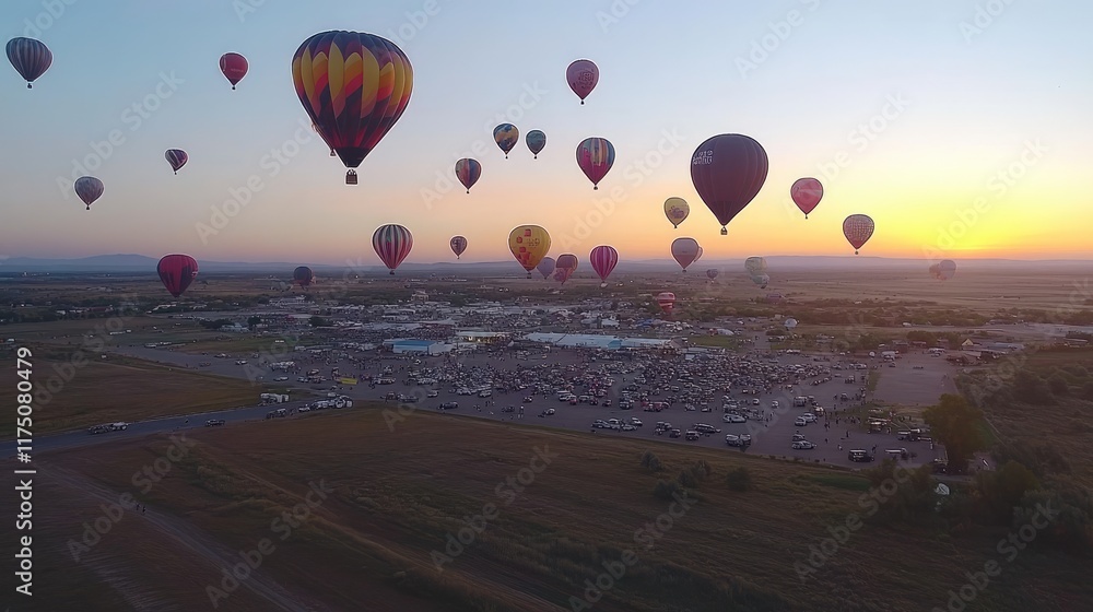 Fototapeta premium Colorful Hot Air Balloons Rise at Sunrise Over a Field