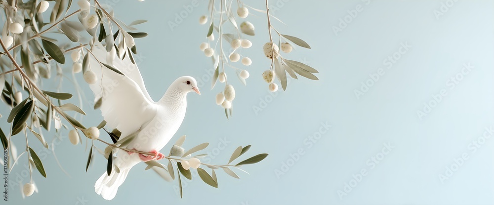 White dove carrying lily branch on soft blue background, suitable for peace campaigns, wedding stationery, religious events, spiritual content and harmony-themed marketing materials White dove carrying lily branch on soft blue background, suitable for peace campaigns, wedding stationery, religious events, spiritual content and harmony-themed marketing materials