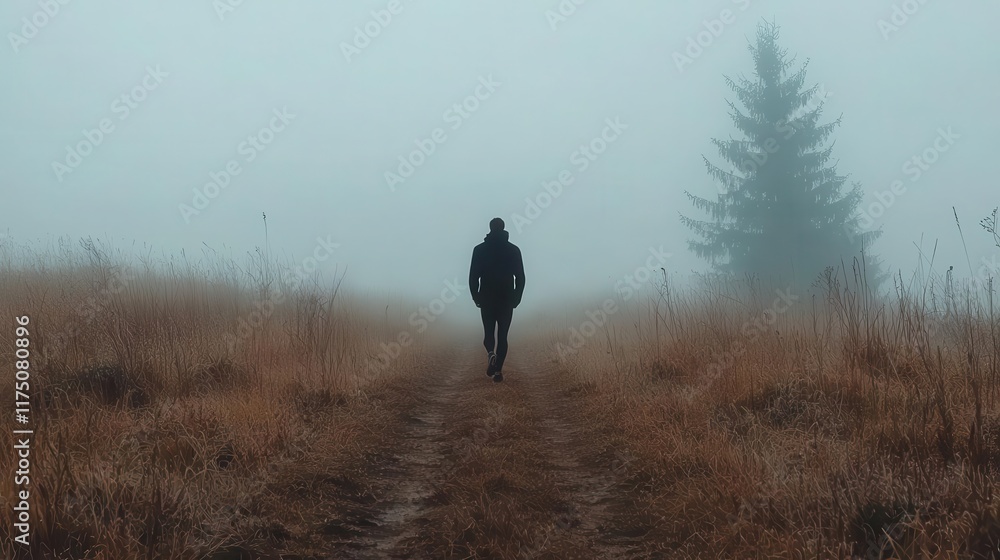 Runner training tirelessly on a foggy trail, every stride pushing limits, perseverance, determination, patience Runner training tirelessly on a foggy trail, every stride pushing limits, perseverance, determination, patience