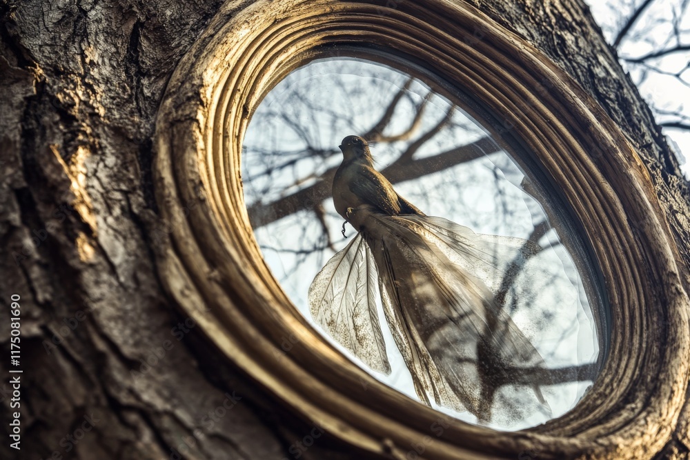 Fototapeta premium A mesmerizing shot of a bird with delicate features reflected in an antique mirror hanging on a tree, blending the natural world with elements of fantasy and surrealism.