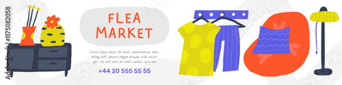 Flea market cute hand drawn doodle composition, banner with text space, chair, ottoman bag, bag chair, lamp, hanger, clothes, vase, bedside table. Modern flat apartment room elements