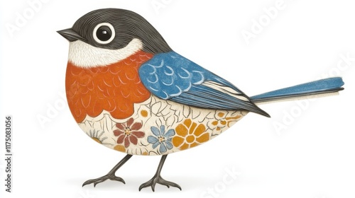 Patchwork Bird A whimsical illustration of a small bird composed of colorful fabric patterns