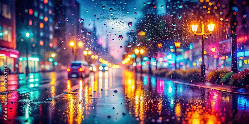 Fototapeta premium Rainy Twilight Street Neon Lights Watercolor Double Exposure Stock Photo