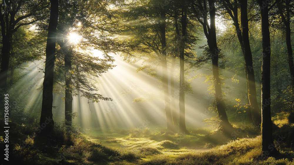 Naklejka premium Atmospheric landscape with sunlight filtering through in a magical setting 