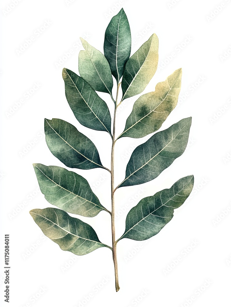 Naklejka premium Green leaf sprig, botanical illustration, white background, nature design, website decor.