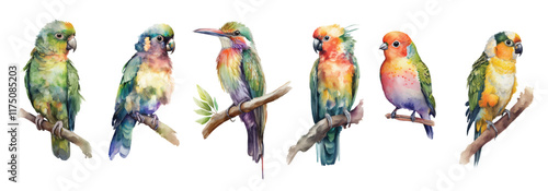 Watercolor topical parrots birds on branches vibrant avian art collection