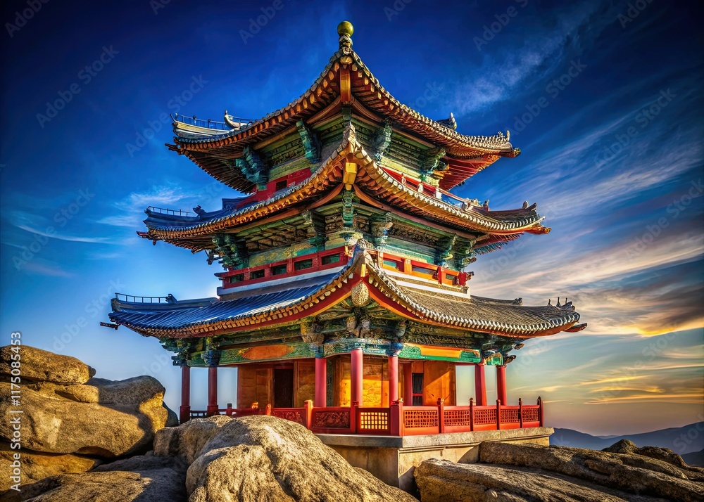 Majestic Chinese Rock Pagoda Against a Vivid Blue Sky - High Resolution Stock Photo Majestic Chinese Rock Pagoda Against a Vivid Blue Sky - High Resolution Stock Photo
