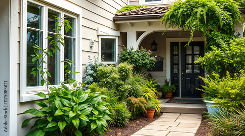 Fototapeta Naklejka Na Ścianę i Meble -  House Entrance with Landscaped Walkway and Greenery