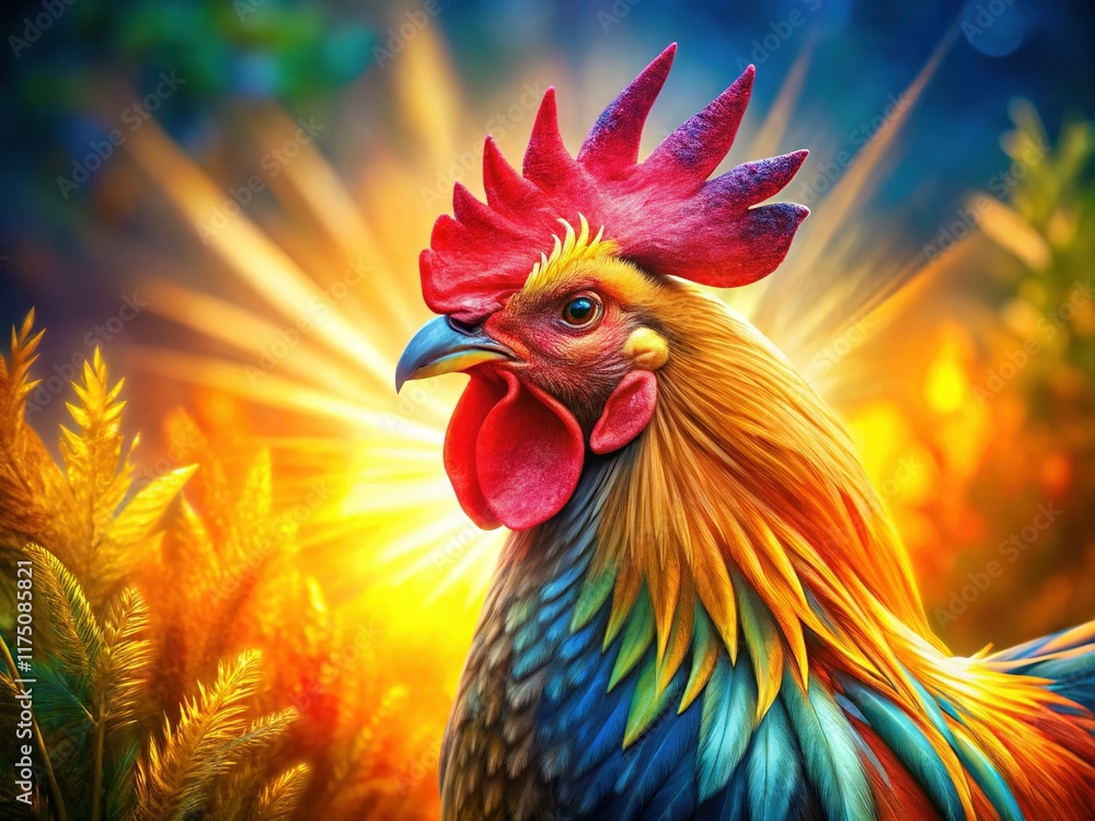Fototapeta premium Majestic Rooster Double Exposure Portrait: Sunlit Feathers & Rural Landscape