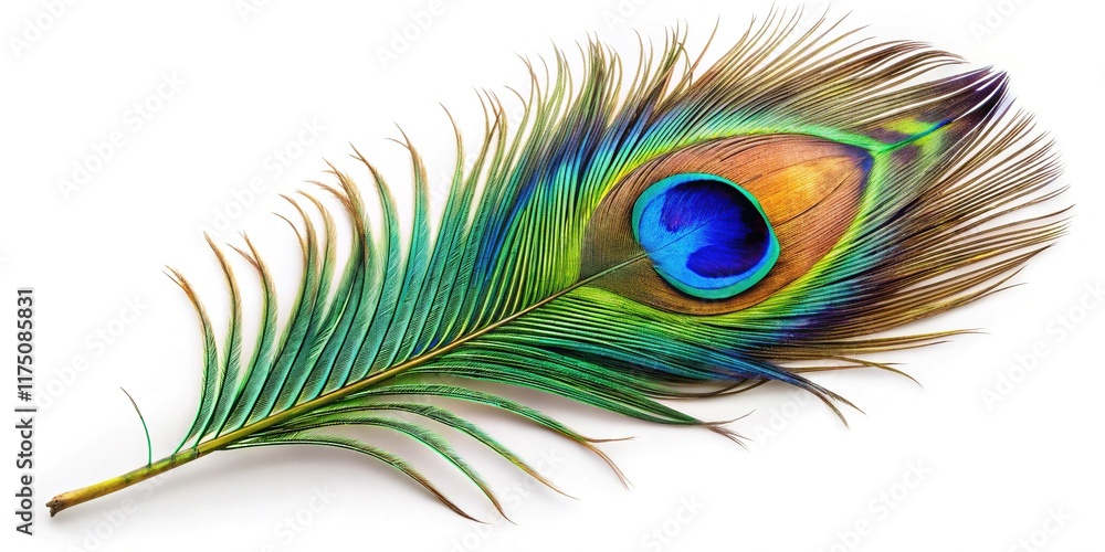 Obraz premium Majestic Peacock Feather: 4K Aerial Close-up on Pure White Background