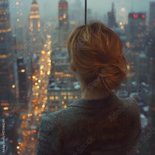 Businesswoman Gazing at Cityscape Reflection Through High Rise Window Future Oriented Business Concept photo