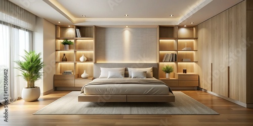 Wallpaper Mural Minimalist Bedroom Interior: Long Exposure Platform Bed, Built-in Shelving, Neutral Palette Torontodigital.ca