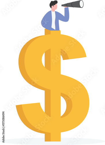 businessman use telescope on the top of dollar sign. Business vision and financial visibility concept.
