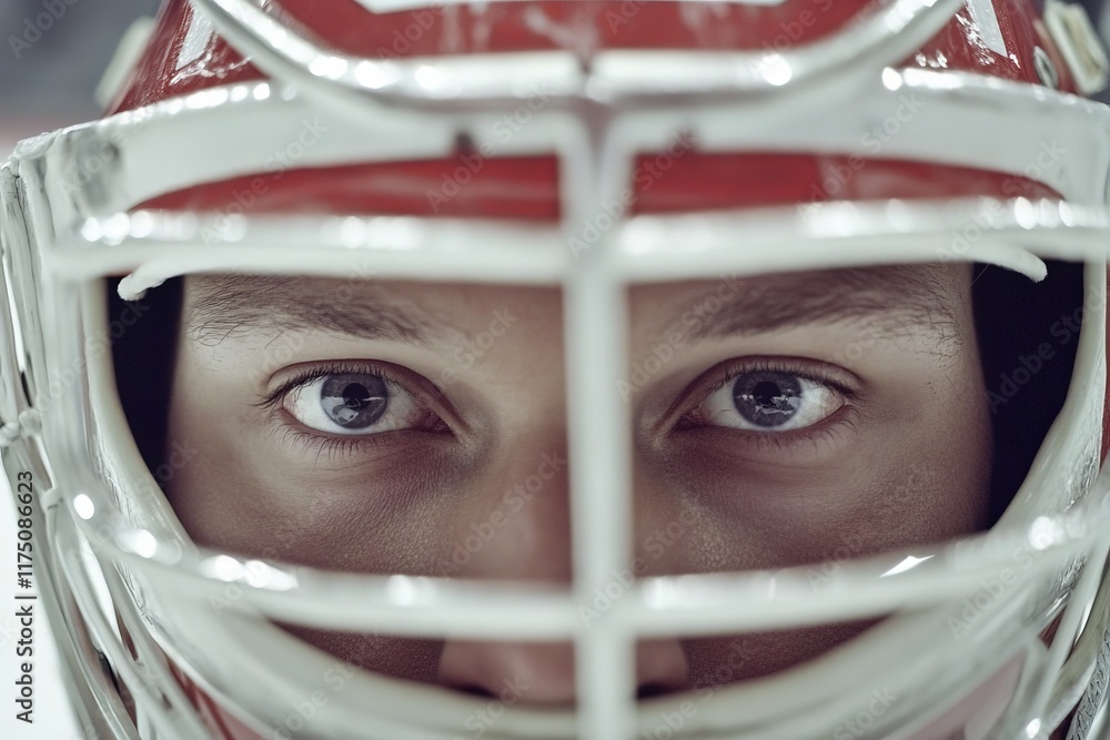 A dynamic close-up showcases the determined eyes of a young goalie, revealing the fierce commitment and focus required to protect the net during an intense play in hockey. A dynamic close-up showcases the determined eyes of a young goalie, revealing the fierce commitment and focus required to protect the net during an intense play in hockey.