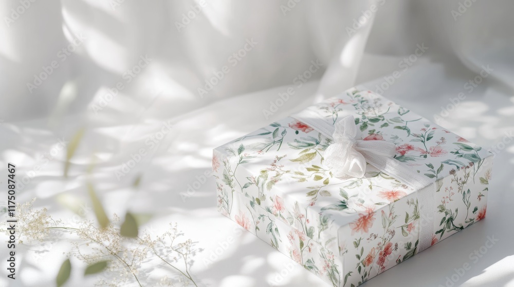 Mockup of a gift box with floral prints placed on a white background with soft lighting Mockup of a gift box with floral prints placed on a white background with soft lighting