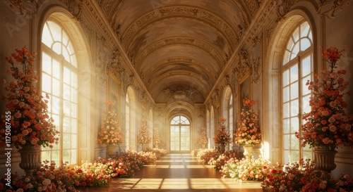 Wallpaper Mural Ornate palace hallway, grand arched ceiling, golden sunlight streaming through tall windows, marble floor, lush floral arrangements, romantic atmosphere, renaissance architecture, opulent interior, so Torontodigital.ca