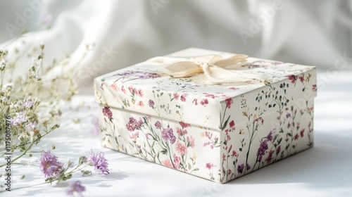 Mockup of a gift box with floral prints placed on a white background with soft lighting