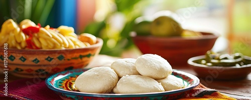 Traditional Mexican Cuisine Featuring Freshly Made Corn Flour Tortillas on Colorful Plate photo