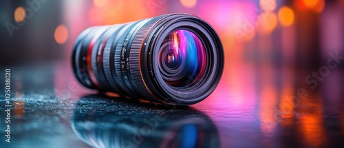 A close-up of a camera lens on a reflective surface with colorful bokeh in the background.