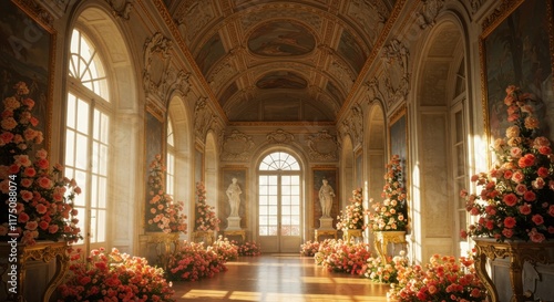 Wallpaper Mural Ornate palace hallway, grand arched ceiling, golden sunlight streaming through tall windows, marble floor, lush floral arrangements, romantic atmosphere, renaissance architecture, opulent interior, so Torontodigital.ca