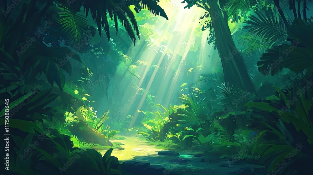 Obraz premium Sunbeams Illuminate Lush Tropical Rainforest Path