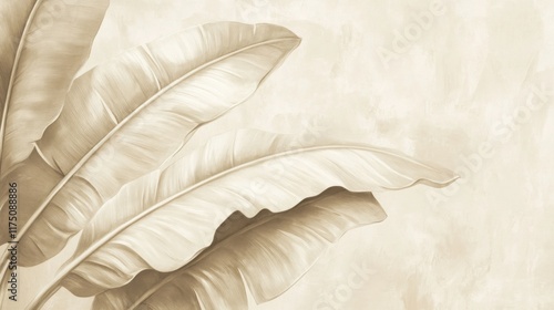 Sepia toned banana leaves on beige background.