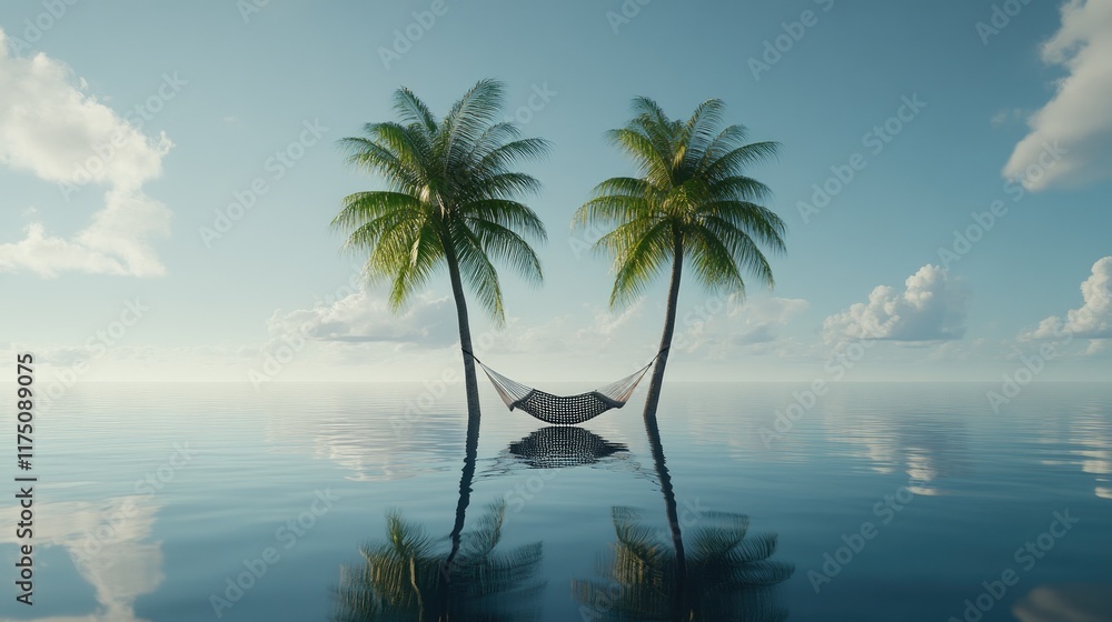 Fototapeta premium Serene Hammock Between Twin Palm Trees Over Calm Ocean