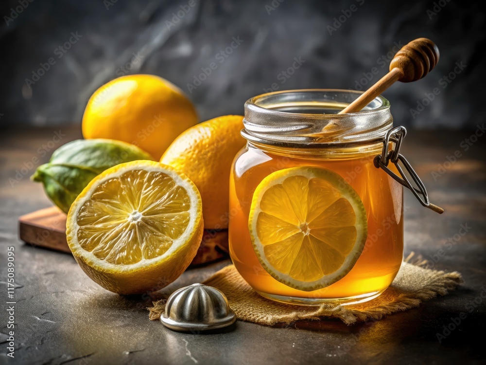 Sweet lemon honey glows against a moody background, a delectable image. Sweet lemon honey glows against a moody background, a delectable image.
