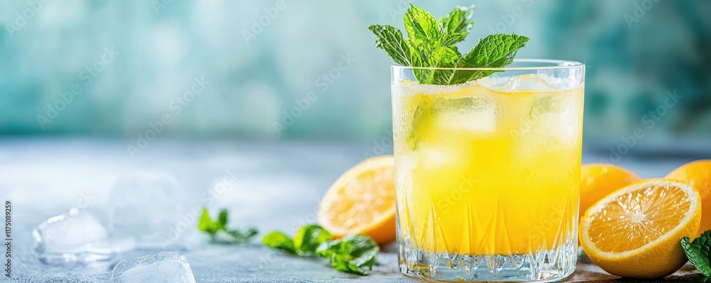 Fototapeta premium Refreshing Citrus Cocktail with Ice and Mint Leaves in a Clear Glass on a Light Background