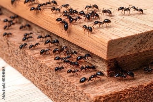 A close-up view of ants actively moving across wooden surfaces, highlighting their intricate behavior in a natural setting among various textures and colors. photo