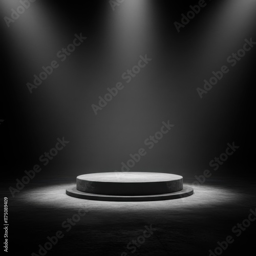 spotlight stage, empty podium, black background, dramatic lighting, circular platform, minimalist design, high contrast, theatrical atmosphere, 3D rendering, cinematic, anticipation, showcase, perform