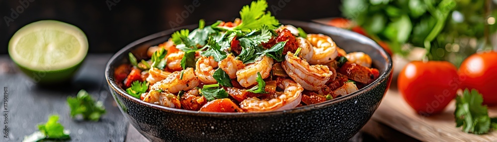 Delicious Shrimp Dish with Fresh Ingredients, Cilantro, Tomatoes, and Lime on Dark Background Delicious Shrimp Dish with Fresh Ingredients, Cilantro, Tomatoes, and Lime on Dark Background