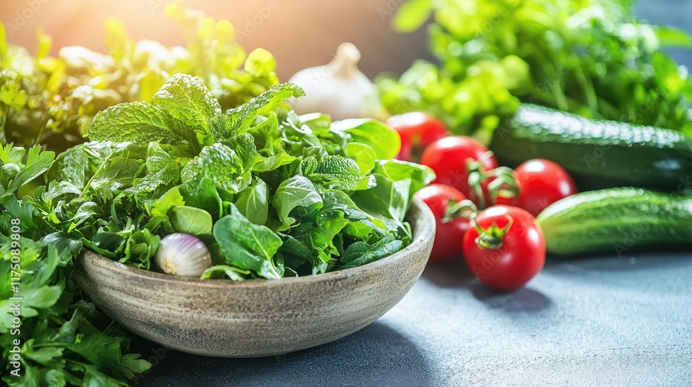 Fresh Green Vegetables and Herbs in a Rustic Bowl on Table Fresh Green Vegetables and Herbs in a Rustic Bowl on Table
