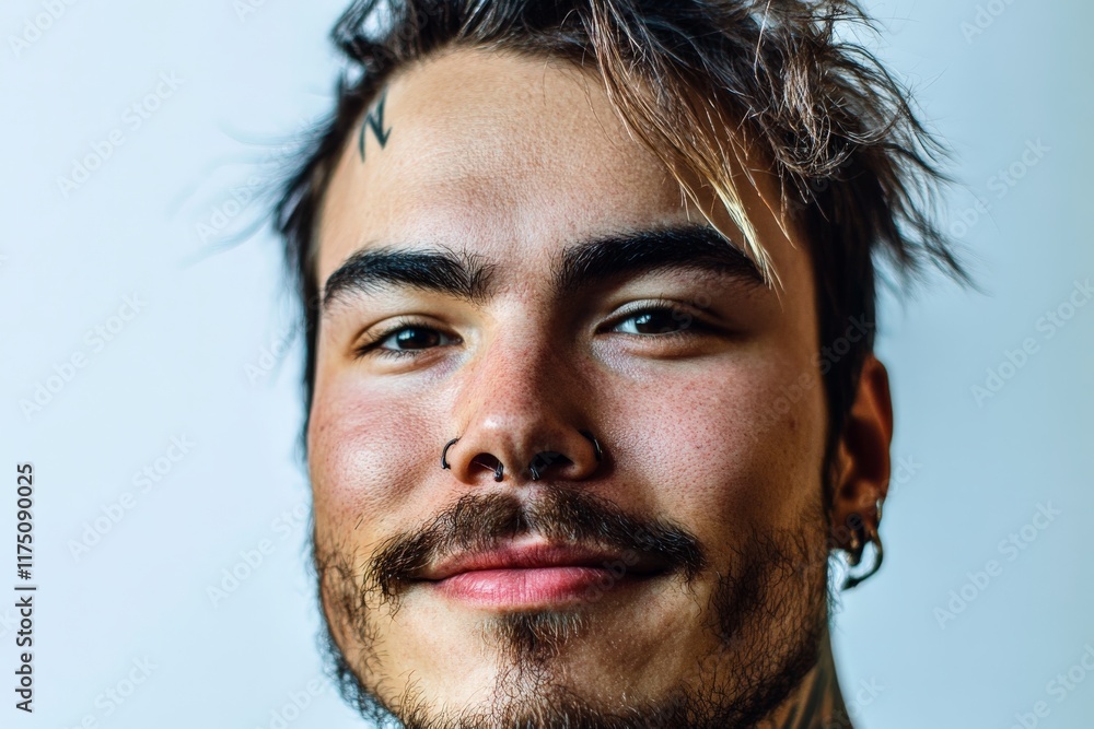 Obraz premium A stylish man with facial piercings and tattoos exudes confidence and individuality, showcasing contemporary fashion and self-expression in this striking portrait.