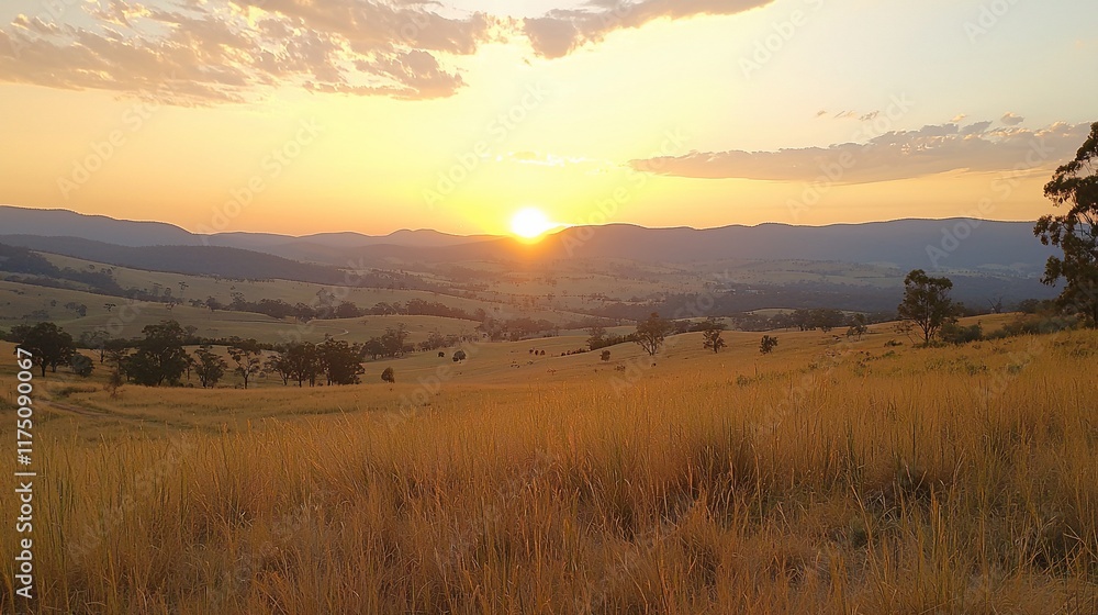 Golden sunset over rolling hills and grasslands. Golden sunset over rolling hills and grasslands.