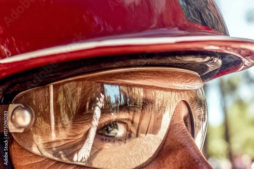 A close-up of a cyclist's focused eyes beneath protective sunglasses, radiating determination for an upcoming ride, embodying the spirit of perseverance and discipline. photo