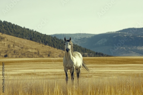 A striking white horse stands boldly against a vast golden landscape, evoking feelings of strength and serenity as dusk settles on the peaceful countryside. photo